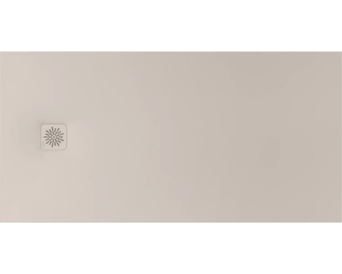 Receveur de douche rectangulaire beige avec couvercle de bonde carré intégré.