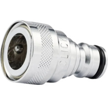 Schlauchkupplung aus Metall mit Click-System und geriffeltem Griff.