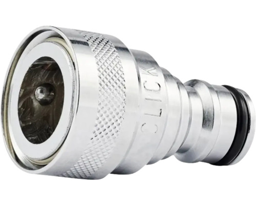 Schlauchkupplung aus Metall mit Click-System und geriffeltem Griff.
