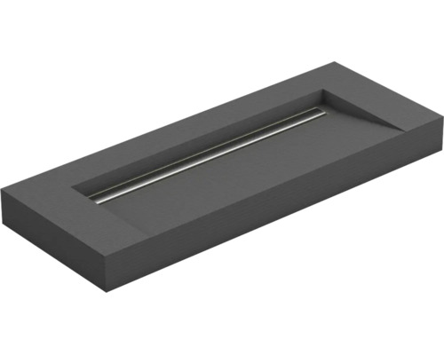 Élément de douche rectangulaire anthracite avec caniveau de douche intégré et cache en acier inoxydable.