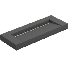 Élément de douche rectangulaire anthracite avec caniveau de douche intégré et cache en acier inoxydable.