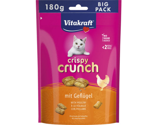 Friandise pour chat Vitakraft Crispy Crunch à la volaille, sachet de 180 grammes sans sucre ajouté.