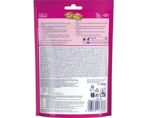 Dos de l emballage de friandises pour chats Vitakraft Crispy Crunch, coussins avec fourrage crémeux, sans sucre, 180 grammes, Vitakraft Logo.
