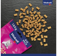 Friandises pour chats Vitakraft Crispy Crunch en sachet de 180 grammes, snacks croquants sans sucre ajouté et Vitakraft Logo.