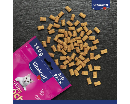 Friandises pour chats Vitakraft Crispy Crunch en sachet de 180 grammes, snacks croquants sans sucre ajouté et Vitakraft Logo.