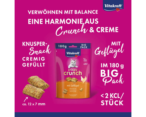 Vitakraft Logo, Crispy Crunch Katzensnack mit Geflügel, cremig gefüllt, circa 12 mal 7 Millimeter, 180 Gramm Big Pack, unter 2 Kilokalorien pro Stück.