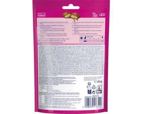 Dos de friandises Vitakraft pour chats, 180 grammes. Sans sucre ajouté, moins de 2 calories par pièce. Tableau de nutrition et Vitakraft Logo.