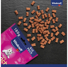 Vitakraft Crispy Crunch friandises pour chats emballage de 180 grammes avec morceaux de snacks croquants éparpillés et Vitakraft Logo.