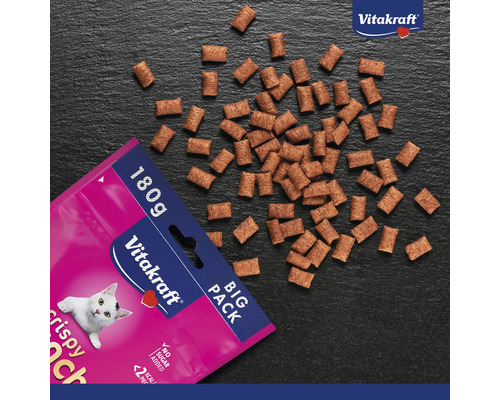 Vitakraft Crispy Crunch friandises pour chats emballage de 180 grammes avec morceaux de snacks croquants éparpillés et Vitakraft Logo.