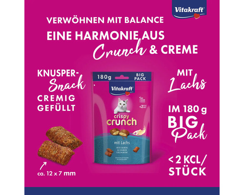 Vitakraft Crispy Crunch Katzensnack mit Lachs, 180 Gramm Big Pack, knusprige Kissen mit cremiger Füllung, circa 12 mal 7 Millimeter.