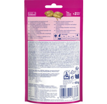 Verso de l emballage de friandises Vitakraft pour chats avec ingrédients, conseils d alimentation, Vitakraft Logo et mention sans sucre ajouté.