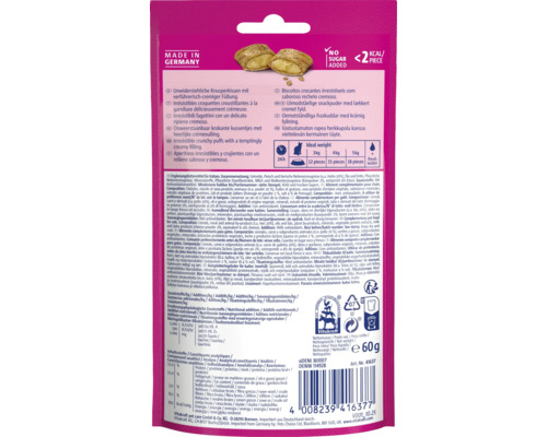 Verso de l emballage de friandises Vitakraft pour chats avec ingrédients, conseils d alimentation, Vitakraft Logo et mention sans sucre ajouté.