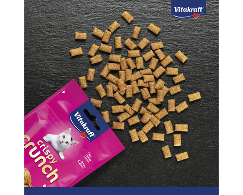 Logo Vitakraft, friandises pour chats Crispy Crunch en forme de coussins sans sucre ajouté et avec moins de 2 calories par pièce.