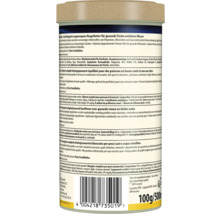 Vue arrière de boîte de nourriture pour poissons ornementaux avec ingrédients, conseils de nourrissage, code-barres et recyclage.
