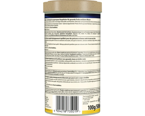 Vue arrière de boîte de nourriture pour poissons ornementaux avec ingrédients, conseils de nourrissage, code-barres et recyclage.