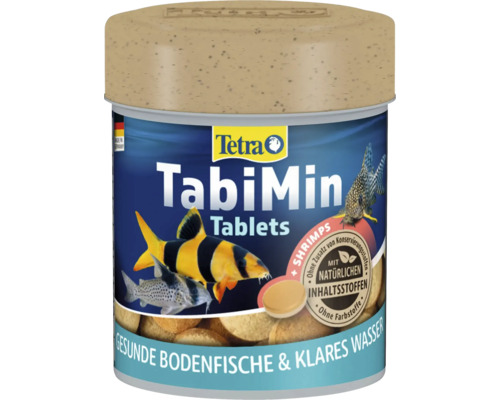 Tablettes Tetra TabiMin pour poissons de fond avec crevettes, ingrédients naturels, sans conservateurs ni colorants.