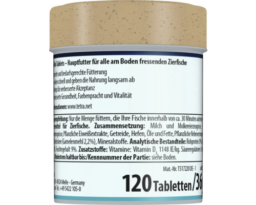 Tablettes alimentaires Tetra TabiMin pour poissons d'ornement de fond, 120 tablettes.