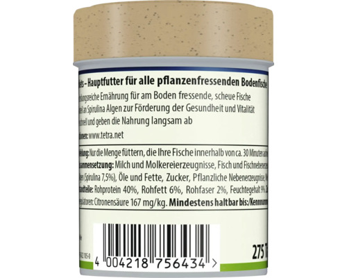 Dos de l'emballage de nourriture Tetra pour poissons de fond herbivores avec ingrédients, conseils d'alimentation et code-barres.