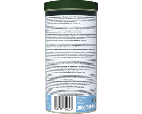 Étiquette arrière du produit Tetra Pond Wheatgerm Sticks, nourriture pour poissons de bassin avec ingrédients et conseils de nourrissage.