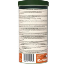 Verso d'une boîte de nourriture pour poissons Goldfish Mix avec ingrédients, conseils d'alimentation, code-barres et mention de 140 grammes.