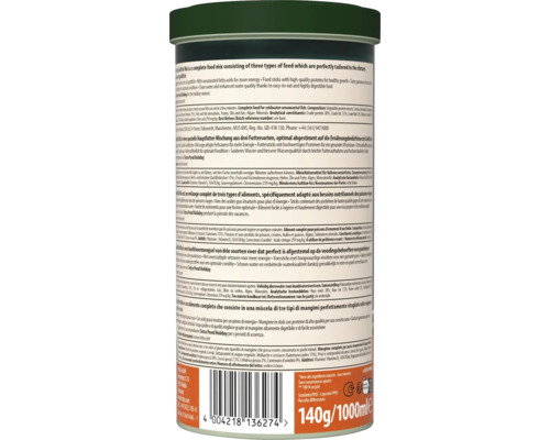 Verso d'une boîte de nourriture pour poissons Goldfish Mix avec ingrédients, conseils d'alimentation, code-barres et mention de 140 grammes.