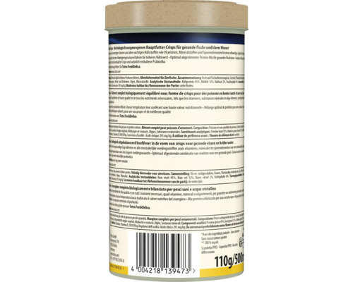 Vue arriere d une boite de nourriture pour poissons Tetra Crisps avec liste d ingredients, conseils d alimentation, code-barres et poids de 110 grammes.