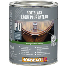 Laque pour bateau Hornbach, 750 millilitres, polyuréthane, satinée, intérieur et extérieur, résistante aux chocs et à l'eau de mer. Hornbach Logo.