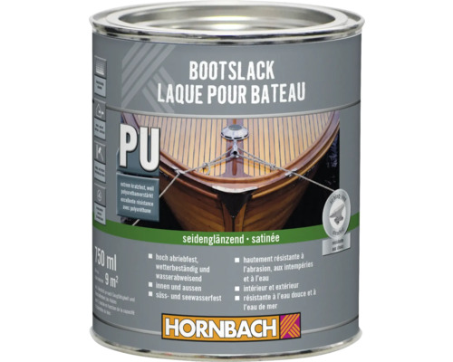 HORNBACH Bootslack seidenglänzend 750 ml Hornbach Bootslack, 750 Milliliter, Polyurethan, seidenglänzend, innen und außen, kratzfest, stoßfest und meerwasserbeständig. Hornbach Logo.