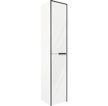 Armoire haute de salle de bains, blanc brillant avec cadre noir et poignée noire.