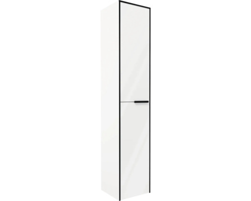 Armoire haute de salle de bains, blanc brillant avec cadre noir et poignée noire.