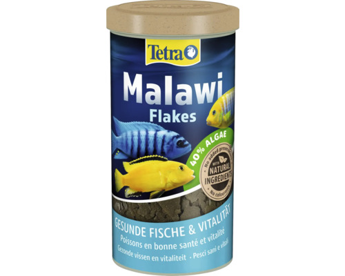 Nourriture Tetra Malawi Flakes pour cichlidés du Malawi avec 40 pour cent d'algues et des ingrédients naturels.