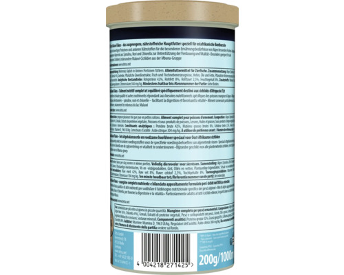 Vue arrière de la boîte de nourriture pour poissons Tetra Malawi Flakes, 200 grammes ou 1000 millilitres, aliment complet pour cichlidés d'Afrique de l'Est.