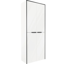 Armoire blanche haute à deux portes, bordures noires et poignées noires.