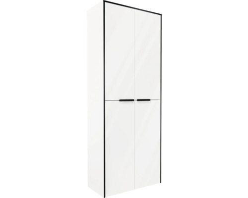 Armoire blanche haute à deux portes, bordures noires et poignées noires.