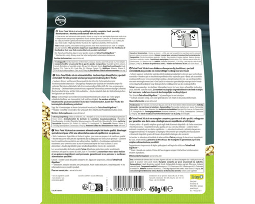 Dos de l'emballage de nourriture pour poissons Tetra Pond Sticks avec informations produit, protection contre les ultraviolets et Tetra Logo.