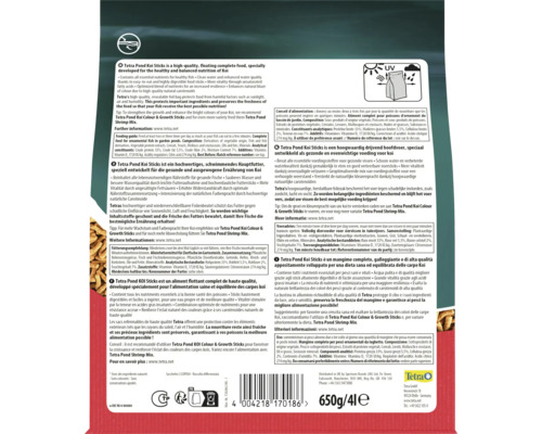 Rückseite der Packung Tetra Pond Koi Sticks, 650 Gramm, mit Fütterungshinweisen, Inhaltsstoffen, Tetra Logo, Recycling-Symbolen und Lichtschutz.