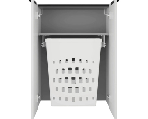 Panier à linge extractible intégré dans un meuble, panier en plastique blanc avec trous d'aération, portes de l'armoire ouvertes.