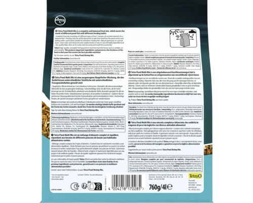 Dos de l'emballage de nourriture Tetra Pond Multi Mix avec instructions de nourrissage, ingrédients, poids 760 grammes et 4 litres, logo Tetra et symbole protection UV.