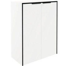 Armoire suspendue blanche avec deux portes, poignées noires et cadre noir.