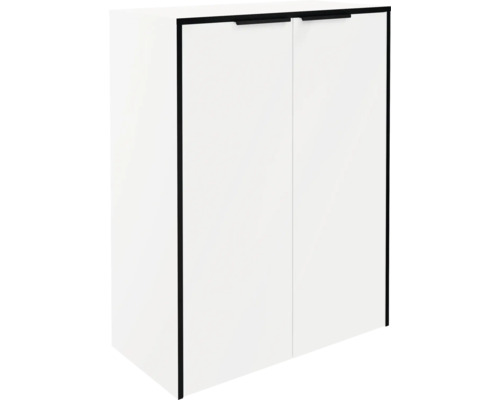 Armoire suspendue blanche avec deux portes, poignées noires et cadre noir.