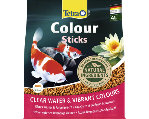 Tetra Pond Colour Sticks, Teichfischfutter für intensive Farben und klares Wasser, 4 Liter, 8 bis 12 Millimeter, ohne Konservierungsstoffe, Tetra Logo.