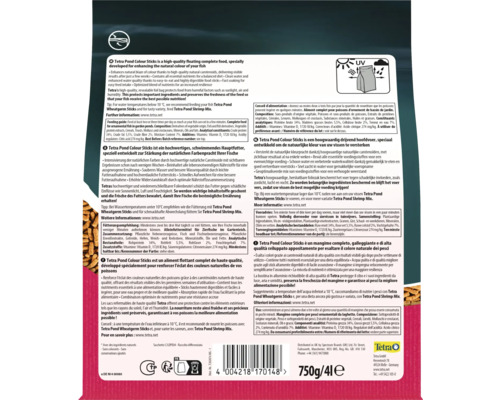 Rückseite der Verpackung von Tetra Pond Colour Sticks Fischfutter mit Inhaltsstoffen, Fütterungshinweisen, Recycling-Symbolen und Tetra Logo.