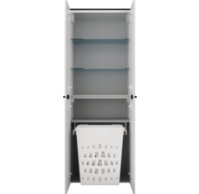 Armoire haute de salle de bain avec deux étagères en verre et un panier à linge intégré, porte ouverte.