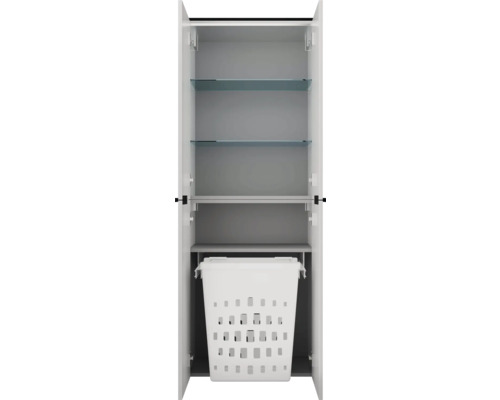 Armoire haute de salle de bain avec deux étagères en verre et un panier à linge intégré, porte ouverte.