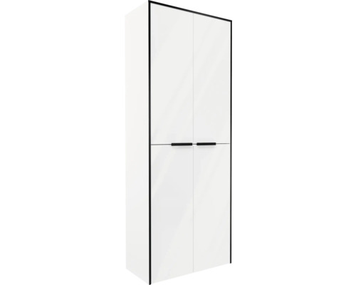 Armoire à deux portes blanche avec poignées noires et cadre noir.