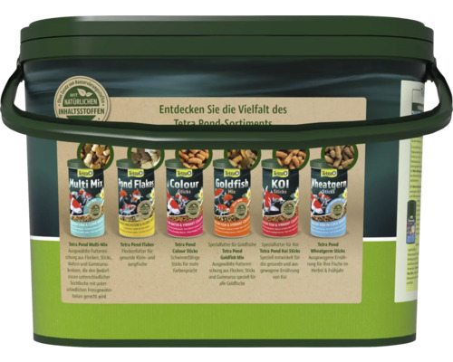 Gamme de nourriture pour poissons Tetra Pond sur seau vert avec Multi Mix, Pond Flakes, Colour Sticks, Goldfish Mix, Koi Sticks et Wheatgerm Sticks.