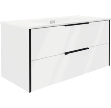 Moderner Waschtischunterschrank mit zwei breiten Schubladen, schwarzen Griffleisten und einem integrierten Waschbecken.