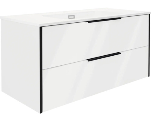 Moderner Waschtischunterschrank mit zwei breiten Schubladen, schwarzen Griffleisten und einem integrierten Waschbecken.