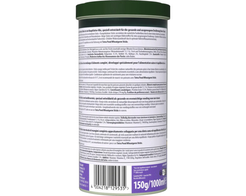 Arrière de la boîte de nourriture pour poissons de bassin Tetra Pond Variety Sticks avec ingrédients, conseils de nutrition et code-barres.