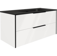 Moderner weißer Waschbeckenunterschrank mit zwei Schubladen, schwarzen Griffen und schwarzem Waschtisch.